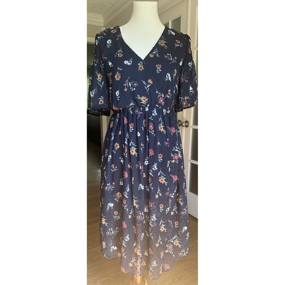 J.O.A. Dresses & Skirts - J.O.A. Dress Women's Small Navy Blue Pin Dot Delicate Floral Print Wrap